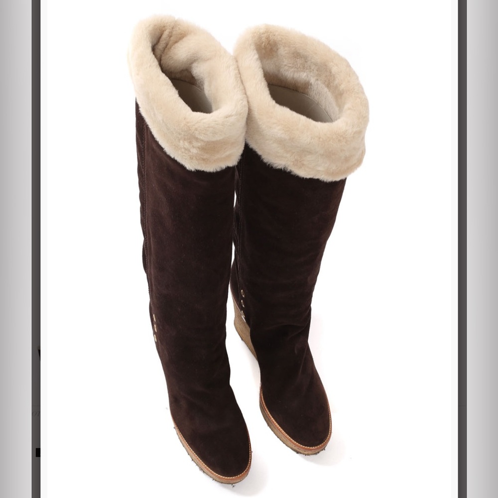 👉Authentic YSL Brown Suede Shearling Fur Wedge